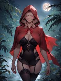 Sexy Red Riding Hood, Red Cape, Black Stockings With Garter Furry AI Porn