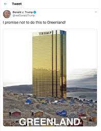 Trump tower is emblazoned on the front in bold gold block letters. Donald Trump Tweets Fake Pic Of Gold Tower In Greenland Amid Plans To Buy Island Mirror Online