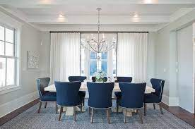 Navy Blue Wingback Dining Chairs With Whitewashed Oak Trestle Table Transitional Dining Room In 2021 Dining Room Chairs Modern Dining Room Blue Blue Dining Tables