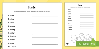 Unscramble the sight words and write them on the lines provided. Easter Word Unscramble