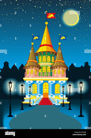 fairy princess castle at night in the moonlight and lanterns Stock Photo -  Alamy