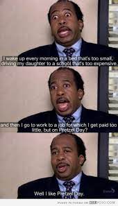 Fun facts about 'the office' from the podcast 'office ladies'. Thank Goodness For Pretzel Day Xd The Office Show Office Jokes Office Memes