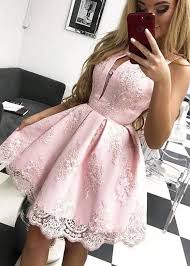 Fashionable Pink Satin V Neckline Lace Party Dress Short Pink Prom Dress 2020 Pink Prom Dresses Short Homecoming Dresses Fancy Dresses