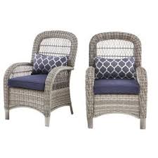 Hampton Bay Beacon Park Gray Wicker Outdoor Patio Captain Dining Chair With Standard Midnight Trellis Navy Blue Cushions 2 Pack Frs80937ag The Home Depot Outdoor Dining Chairs Patio Furniture Collection Gray Patio