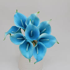 With a bright enthusiasm that'll bring a new spark of excitement and vibrancy to any event, teal takes the softness of other blues and spices it up with a bit of flair. Turquoise Blue Calla Lily Bouquet Malibu Wedding Floral Decor Vanrina