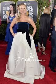 A shocked kaley cuoco has broken down in tears in a video posted to instagram, after. Kaley Cuoco Dark Navy And White Strapless Formal Dress 2019 Golden Globes Thecelebritydresses