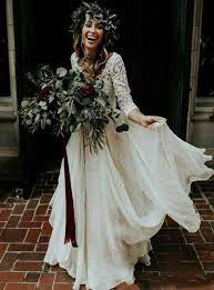Boho White V Neck Two Pieces Lace 3 4 Sleeve Wedding Dress Two Piece Wedding Dress Wedding Skirt Wedding Dresses Lace