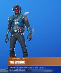 The offworld rig back bling is earned as well with this outfit. The Original Visitor S Description Has Also Changed To Note That He Is One Of The Seven Fortnitebr