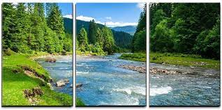 Amazon Com Wall26 3 Piece Canvas Wall Art Landscape With Mountains Trees And A River In Front Modern Home Art Stretched And Framed Ready To Hang 16 X24 X3 Panels Posters