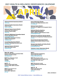 Shsmd is pleased to bring you the 2022 calendar of health observances & recognition days. Health And Wellness Observances Calendar National Wellness Institute