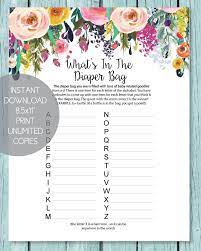 What S In The Diaper Bag Baby Shower Game Garden Flowers Theme Baby Shower Flowers Floral Baby Shower Garden Baby Showers
