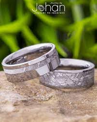 Meteorite Decorates These Tungsten Wedding Bands Meteorite Engagement Ring Meteorite Wedding Band Tungsten Wedding Bands