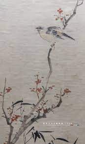 1634 蓝瑛古木文禽图轴南京博物院藏1634 old tree and bird hanging scroll by lan ying nanjing museum 布局上松下紧鸟的安排平衡了上下落差古树竹枝前后穿插花叶点染寥寥数笔