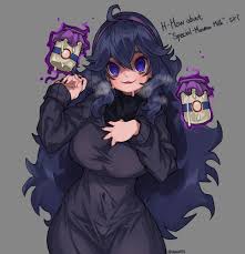 waa153, hex maniac (pokemon), creatures (company), game freak, nintendo,  pokemon, pokemon xy, highres, 1girl, @ @, ahoge, alternate breast size,  bags under eyes, black nails, bottle, breasts, covered navel, dress,  english text,