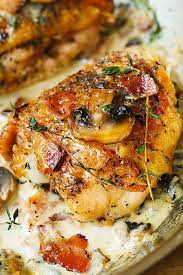 To make a quick pan sauce, keep the pan juices from frying the chicken and add 1 tbsp of butter and 1/2 cup of thickened cream to it and simmer for 5 minutes until it thickens slightly. Chicken Thighs With Creamy Bacon Mushroom Thyme Sauce Julia S Album