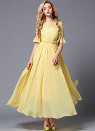 Elegant Yellow Chiffon Maxi Dress Yellow Evening Gown Fabricated From Sheer Chiffon Featuring Lace Yellow Maxi Dress Yellow Dress Outfit Chiffon Maxi Dress