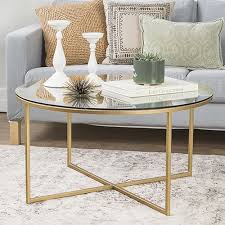 Walker Edison Furniture 36 Inch Glass Gold Coffee Table With X Base Bellacor Gold Coffee Table Coffee Table Round Glass Coffee Table