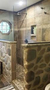 Rustic Country Stone Shower With Granite Glass Pebble Rock Shower Floor And Double Showerheads Stone Shower Floor Stone Shower Stone Shower Walls