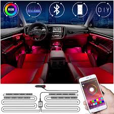 Amazon Com Kfzman Rgb Car Ambient Light Interior 4pc Led Strip Light Kit Automative With Timer App Remote Sync With Music Strobe Model Under Dash Lighting Kits With Cigarette Lighter Switch Dc12v Automotive