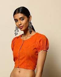 Textured Dual Toned Blouse With Puff Sleeves By Llajja Online Ajio Com Trendy Blouse Designs Sleeveless Blouse Designs Simple Blouse Designs