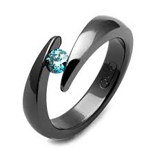 Black And Blue Titanium Wedding Band Womens Sky Blue Diamond Black Titanium Tension Set Ring Custom Made Blue Diamond Blue Diamond Ring Black Titanium