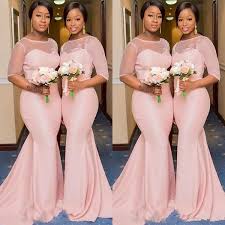 Nigeria Sheer Long Sleeves Satin Mermaid Long Bridesmaid Dresses 2019 Lace Applique Sweep Train Plus Size Long Wedding Guest Dresses Bc2156 After Six