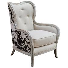 Kendra Rustic Lodge Faux Cow Hide Velvet Linen Wing Chair High Back Armchair High Back Accent Chairs White Armchair