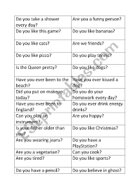 A moderator begins the game by choosing the first participant at random. Question Game Cards No Yes Esl Worksheet By Sari1982