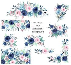 Watercolor Flowers Clipart Floral Blue Indigo Pink Set 9 Bouquets Drop Png Files With Transparent Background Free Commercial Use In 2020 Watercolor Flowers Clip Art Floral Border Design