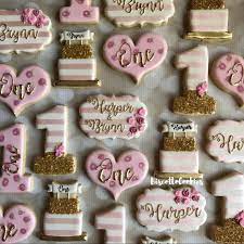 Pink And Gold Birthday Party Pink And Gold Decorated Cookies Birthday Cookies First Birthday Cookies Pink And Gold Birthday Party