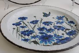 Porcelain, a durable and nonporous kind of pottery made from clay and stone, was first made in china and spread across the world owing to the trade routes to the far east established by dutch and portuguese merchants. Vintage Midwinter Stonehenge Stoneware Pottery Dinner Plates Spring Blue Flowers