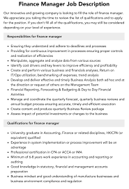 Finance Manager Job Description | Velvet Jobs