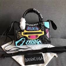 Black And Yellow Totes On Sale Balenciaga Graffiti Classic Mini City Bag In Crumpled Lambskin Blue Yellow Black Balenciaga Mini City Bag Balenciaga Bag City Balenciaga Mini City