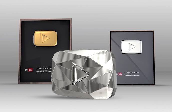 YouTube play button, silver, gold, diamond