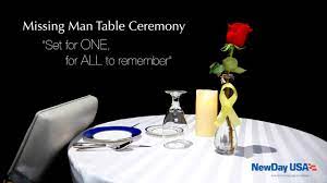 A missing man table, also known as a fallen comrade table, is a ceremony and memorial that is set up in military dining facilities of the united states armed forces and during official dining functions, in honor of fallen, missing, or imprisoned military service members. Missing Man Table Press Video Youtube