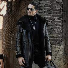 Online Shop Men S Shearling Jacket Long Style B3 Flight Jacket Double Collar Design Leather Jack Mens Shearling Jacket Leather Jacket Men Collar Leather Jacket