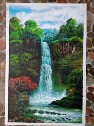 Pemandangan air terjun dan beberapa rumah sekelilingnya di senja saat. Lukisan Pemandangan Air Terjun Yang Mudah Cikimm Com