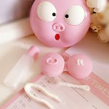 Lentes de contato bonito do porco para mulheres, caixa colorida da lente do  cão com espelho, kit de viagem, presente do recipiente