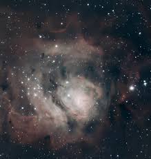 M 8 (Lagoon Nebula) 365 10-second stack processed with Siril and Topaz.  Topaz Photo AI sharpens so much that it probably sharpens beyond reality,  but it looks nifty.