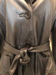 Vintage Womens Black Leather Coat Medium Mid Length Tie Front Waist Centigrade Button Down Trench Coat Style Spring Jacket Womens Black Leather Coat Black Leather Coat Leather Coat