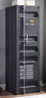 This functional piece is created from iron metal and includes two front doors with a rod for hanging clothes and five open compartments. Cargo Gunmetal Finish Metal Wardrobe W Single Door By Acme