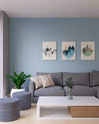 Large living room featuring gray walls and a gray couch, along with a large area rug and a fireplace. Blue Accent Wall With Gray Sofa Blue Accent Wall Living Room Room Wall Colors Blue Painted Walls