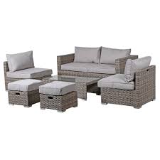 This unique woven texture gives rattan garden furniture an exotic appearance that is incredibly cheap rattan effect garden furniture is usually made from polypropylene which may look more like grey rattan garden furniture is a handsome way to go too. Brixham 6 Piece Garden Sofa Set In Grey Weave With Grey Fabric Garden Sofa Chair Sets Garden Furniture