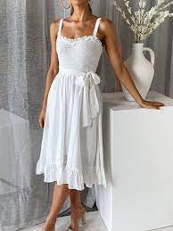 White Ruffle Sashes Draped Spaghetti Strap Elegant Beach Wedding Prom Midi Dress Midi Dresses Dresses