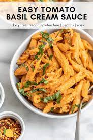 Creamy Vegan Tomato Basil Pasta Eat With Clarity Recipes Recipe Dairy Free Pasta Recipes Dairy Free Pasta Tasty Pasta