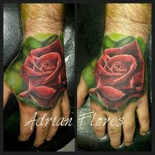 My Rose Tattoo Done By Adrian Flores In San Antonio Very Swollen Hand Art Rose Color Ink Tattoo Awesome Color Hand Tattoos Tattoos Rose Tattoo