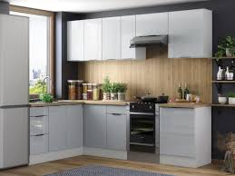 Extend the traditional appeal with copper cup handles, end panelling, glazed doors and a solid timber peninsula worktop, all set against a very contemporary continuous dove grey colour scheme. Light Grey Gloss Corner Kitchen Cabinets Cupboards 10 Units Kitchen Set Modern I Impact Furniture