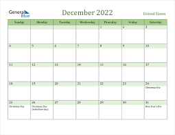 United States December 2022 Calendar With Holidays