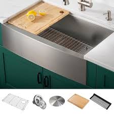 Try an apron sink — they come in a variety of colors, including sleek stainless. Kraus Kore Workstation Farmhouse Apron Front 36 In X 21 In Stainless Steel Single Bowl 1 Hole Workstation Kitchen Sink All In One Kit In The Kitchen Sinks Department At Lowes Com