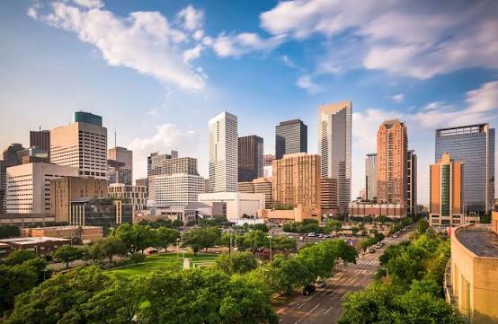 Houston skyline with modern hotels and downtown landmarks